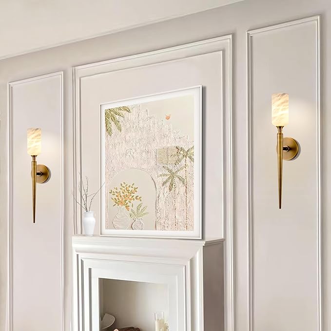 Alabaster Wall Sconce, 22in Modern Spanish Natural Marble Bathroom Vanity Sconces, Unique Indoor Brass Wall Lighting,Gold Fixtures Decor for Bedroom Living Room Staircases