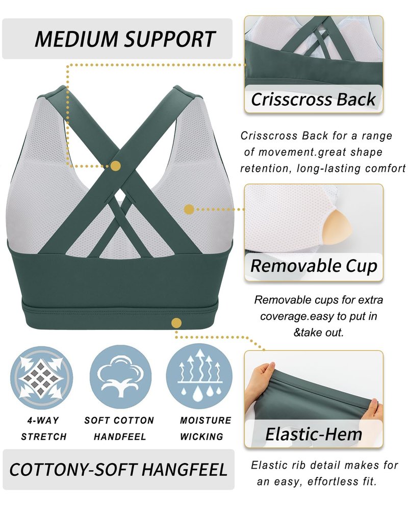 RUNNING GIRL Sports Bra for Women, Criss-Cross Back Padded Strappy Sports Bras Medium Support Yoga Bra with Removable Cups(2353 Dark Green_M)