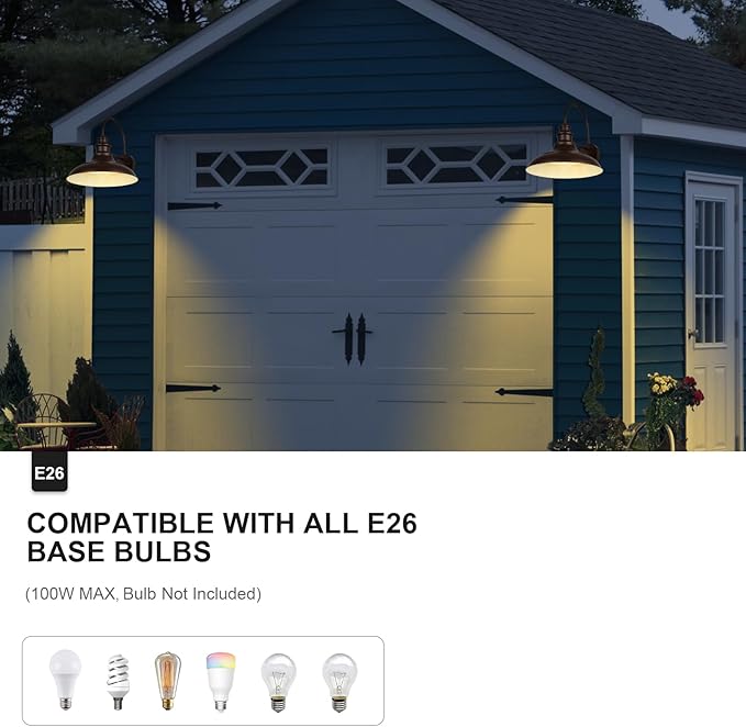 Outdoor Barn Light Fixtures, 16 Inch Large Dome Farmhouse Exterior Wall Mount Lights, Rustic Gooseneck Wall Sconces Indoor Wall Lighting, Industrial Bronze White Lanterns for Porch, 2 Pack