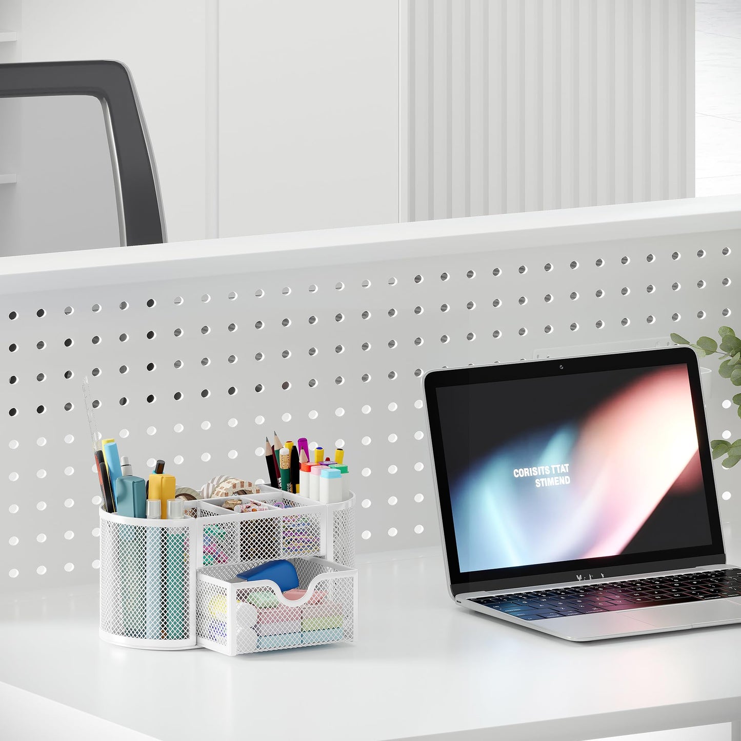 EasyPAG Mesh Desk Organizer, Multi-functional Stationery Organizer for School Supplies, Office Pen Holder for Desk, 9 Compartments Dorm Organization with Drawer, White