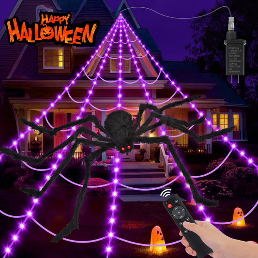 Halloween Decorations Spider Web Outdoor: Halloween Spider Web Lights 250 Purple LED Lights 59" Giant Spiders Scary Halloweens Decorations Outdoor Indoor for Party Garden Yard Home Haunted House Decor