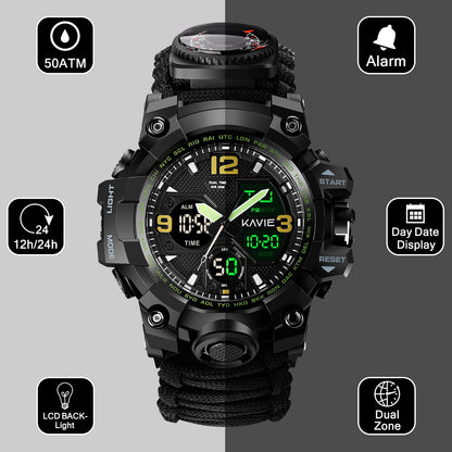 23-in-1 Survival Military Digital Watch, Mens Tactical Multi-Functional and Adjustable Wristband Outdoors Waterproof Sports Dual Dial Watches with Compass Paracord Band, Black, Digital