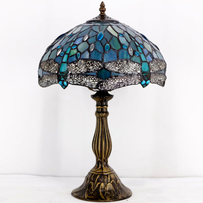 WERFACTORY Tiffany Lamp Sea Blue Stained Glass Table Lamp 12X12X18 Inches Dragonfly Style Desk Reading Light S147 Series