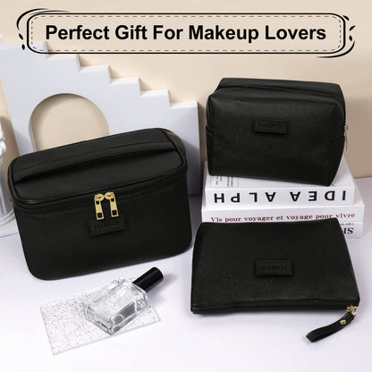 MAANGE 3 Pcs Makeup Bag(L+M+S) Travel Cosmetic Bags with Brush Compartment PU Leather Small Makeup Bag Portable Make Up Bag Versatile Zipper Makeup Pouch for Women, Black