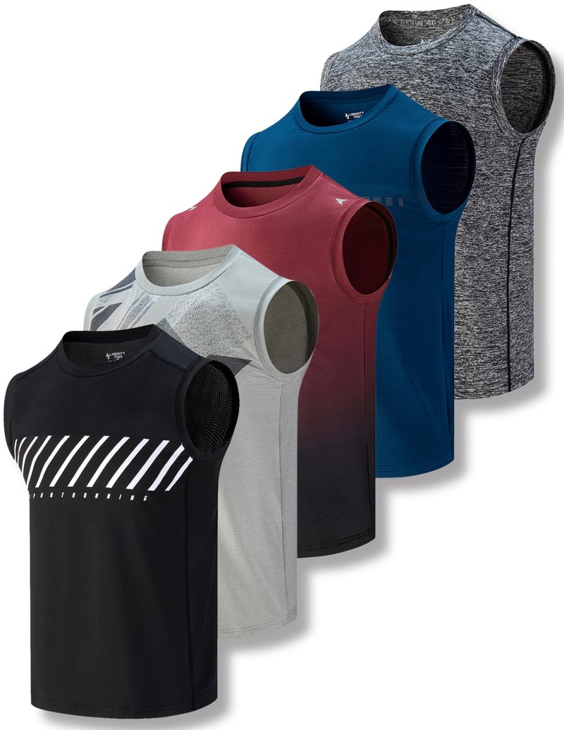 5 Pack Dry Fit Sleeveless Muscle Shirts for Men, Athletic Tank Tops for Workout Gym Performance Activewear (Set 7, Medium)