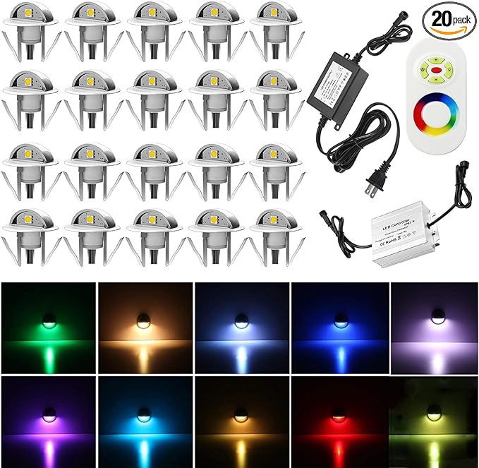 20 Pack LED Stair Lights Kit Outdoor 1-2/5" 0.2W-0.4W Low Voltage Waterproof IP65 Multi-Color RGB Recessed Wood LED Deck Lighting Yard Garden Patio Step Landscape Pathway Decor Lamps