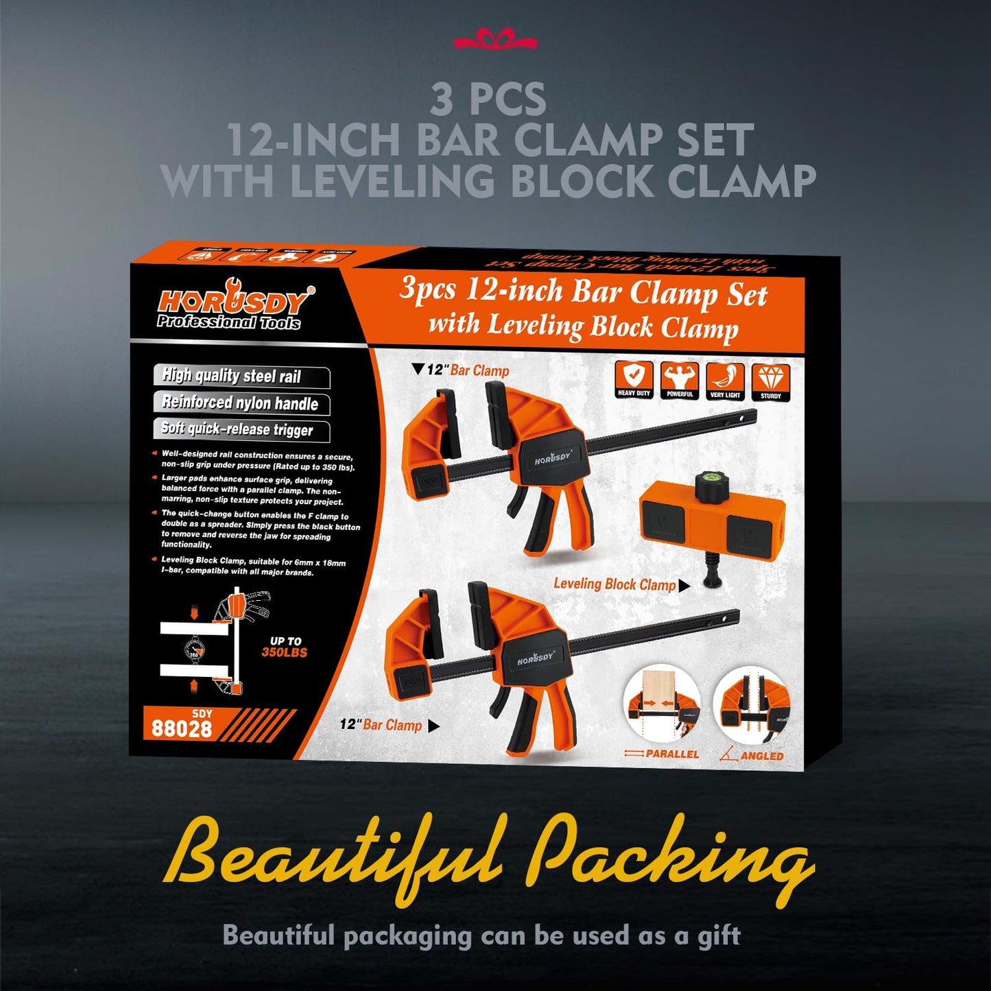 HORUDSY 3-Pack 12-Inch Bar Clamps Set with Leveling Block Clamps, Heavy Duty 350LBS Load, One-Handed Quick Grip Woodworking Clamps, Expandable Spreader with Connector