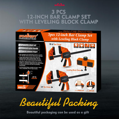 HORUDSY 3-Pack 12-Inch Bar Clamps Set with Leveling Block Clamps, Heavy Duty 350LBS Load, One-Handed Quick Grip Woodworking Clamps, Expandable Spreader with Connector