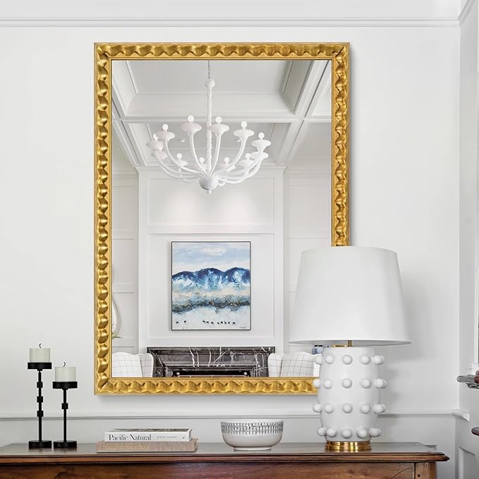 Gold Decorative Mirror for Living Room, 39'' X 27'' Rectangular Wall Mirror with Wavy Wood Frame, Unique Gold Wood Mirror for Bathroom, Dining Room, Entryway, Hallway