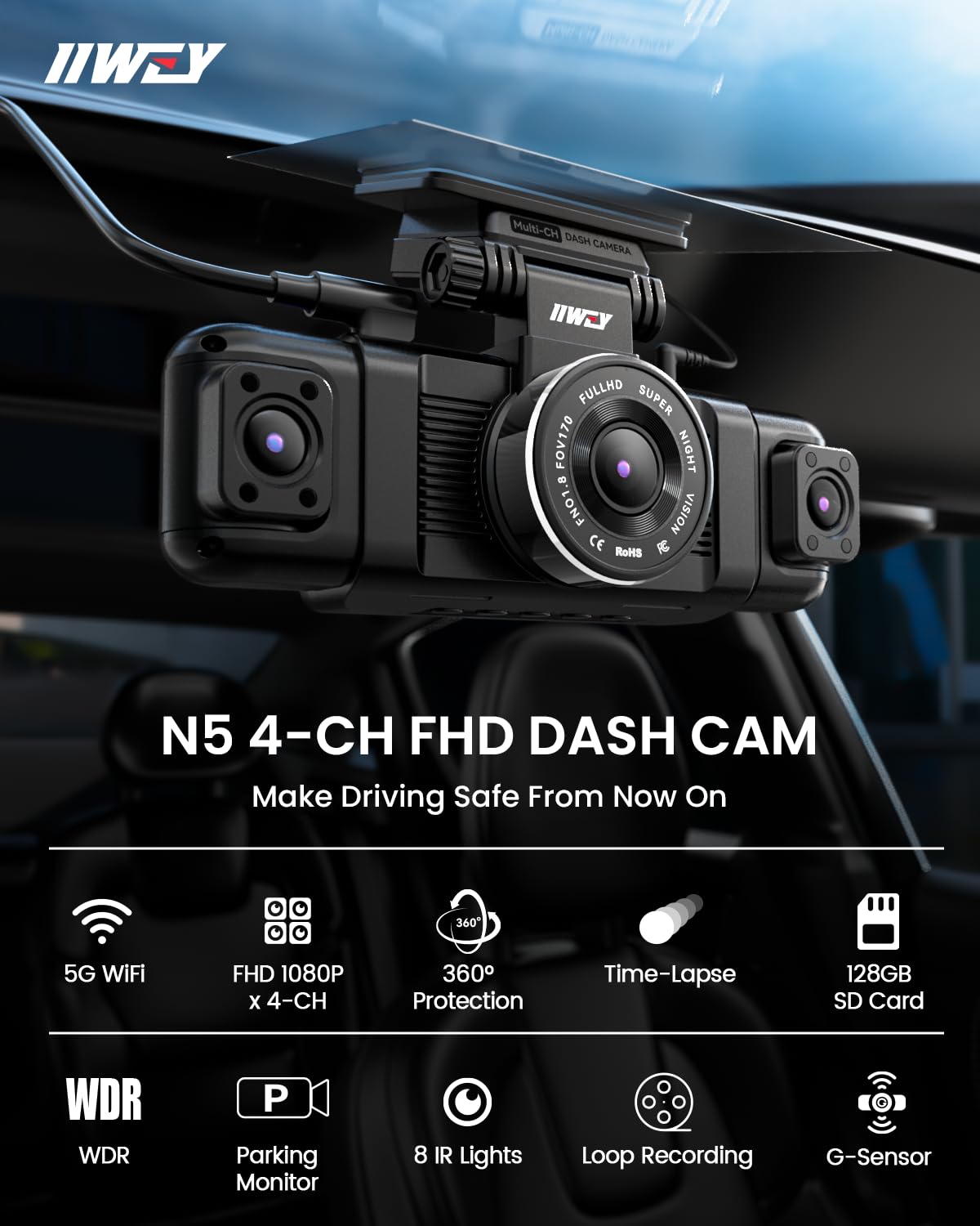 IIWEY N5 4 Channel Dash Cam, 360° All-Sides View, FHD 1080P Front and Rear Inside, Left Right Dash Camera for Cars, 8 IR Lamps, 5G WiFi & APP Control, 24H Parking Mode, G-Sensor, with a 128GB SD Card