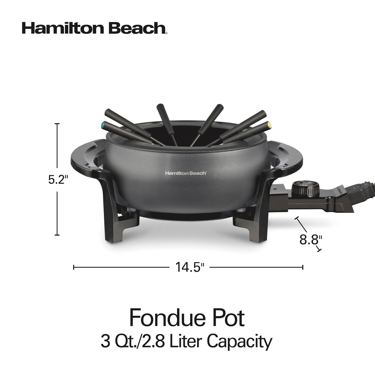 Hamilton Beach 12 Cup Electric Fondue Pot Set with Temperature Control, 6-Color Coded Forks, for Cheese, Chocolate, Hot Oil, Broth, 3 Quart PFAS-Free Nonstick Interior, Gray (86202)