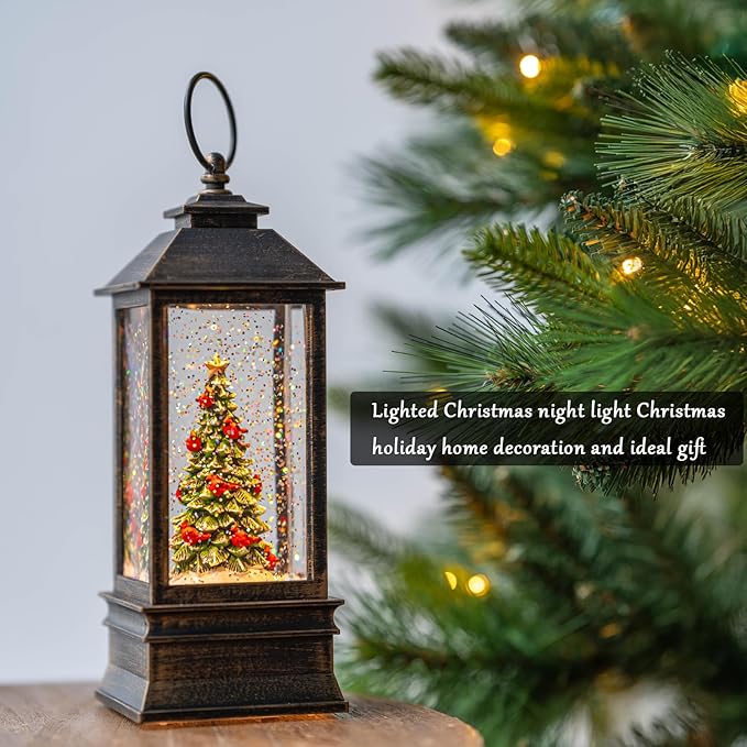 Christmas Snow Globe Lantern Water Glittering Christmas Tree with Music, USB Lined/Battery Operated Lighted Lantern for Christmas Festival Decoration Gifts