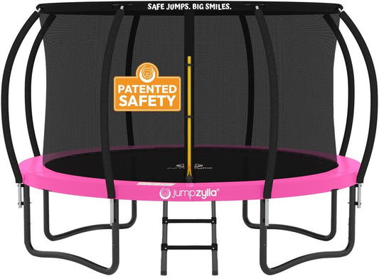 JUMPZYLLA Trampoline Outdoor 8FT 10FT 12FT 14FT 15FT 16FT with Enclosure and Ladder, ASTM Approved Recreational Trampoline for Kids and Adults, Anti-Rust Coated Frame (Pink, 8FT)