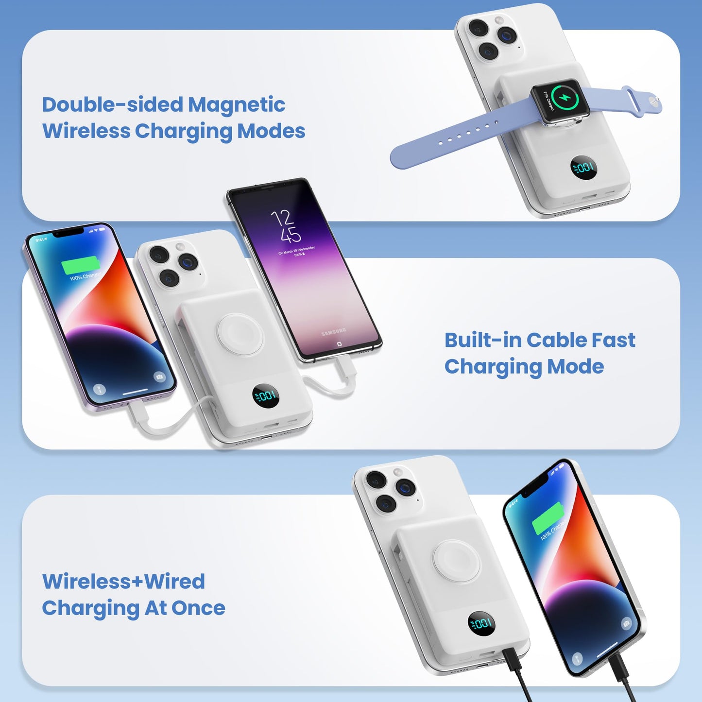 Magnetic Portable Charger 10800mAh for iPhone with Built-in Cables, 6-in-1 Wireless Power Bank with iWatch Charger, LCD Display 25W PD Fast Charging Battery Pack for iPhone 16/15/14/13/12, Apple Watch