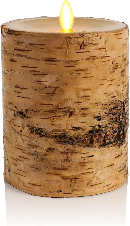 Luminara Real Birch Bark Wrapped Flameless LED Candle, 4" x 5.3", Battery Operated Moving Flame Pillar Light with Timer - Natural Decor Unscented
