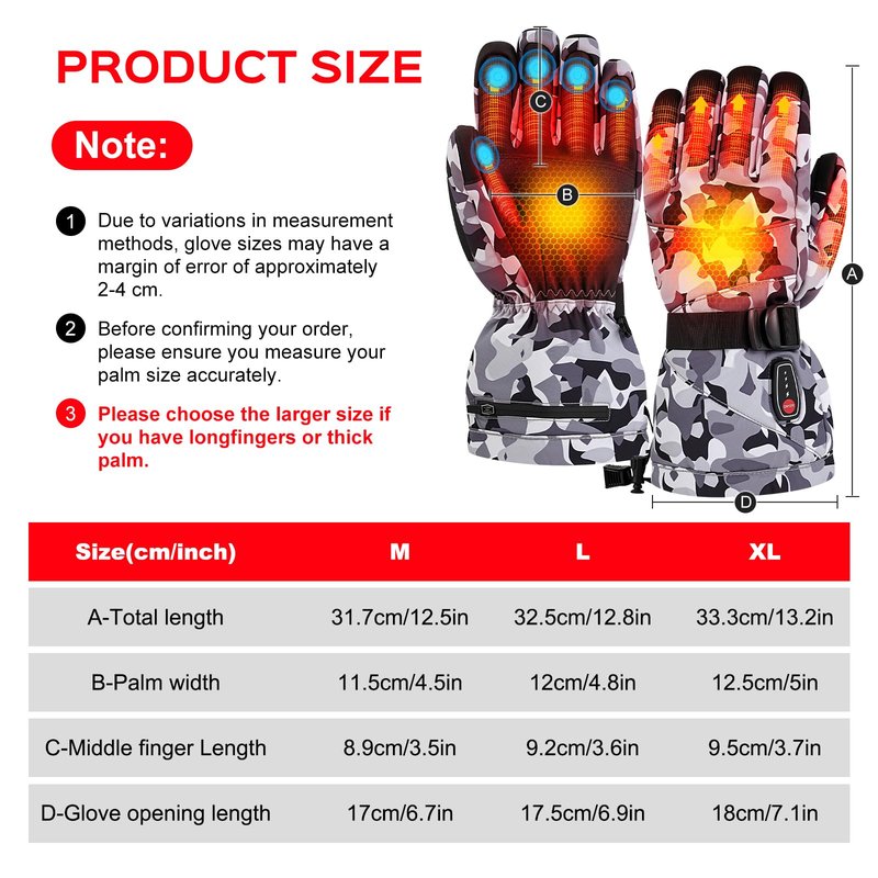 Acroutro Heated Gloves for Men&Women, 5-Temp Settings Camouflage Rechargeable with 7.4V 6400mAh Rechargeable Battery, Waterproof Touchscreen Winter Gloves for Skiing,Motorcycle, Work, Hunting（L）