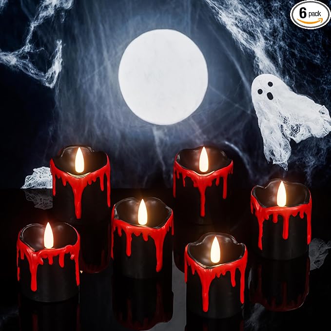 Halloween Flameless Votive Candles with 6H Timer, Black LED Candle Drip Wax, Flickering Tea Lights Candles, Battery Operated Real Wax 6 Pack Φ 2" H 2.3" for Halloween Decorations