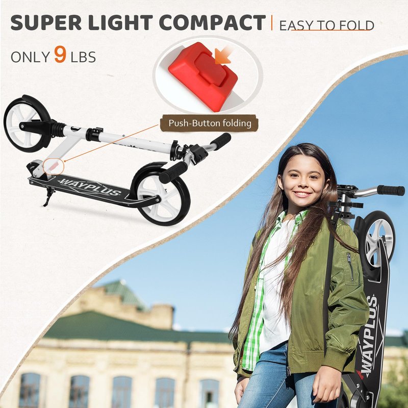 WAYPLUS Kick Scooter for Ages 6+,Kid, Teens & Adults. Max Load 240 LBS. Foldable, Lightweight, 8IN Big Wheels for Kids, Teen and Adults, 4 Adjustable Levels. Bearing ABEC9