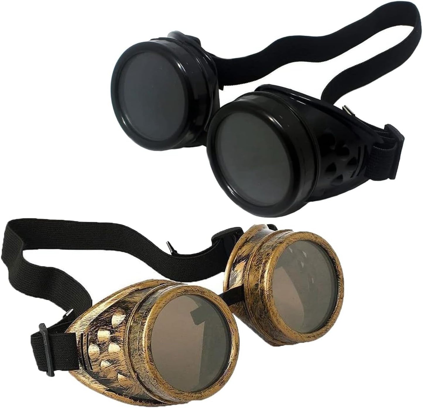 TamBee Costume Goggle Steam Punk Glasses Costume Cosplay Goggles Steampunk Accessories - Round Goggle, Black Lens, Elastic Band, for Halloween Party, Women, Men (1 Black + 1 Copper)