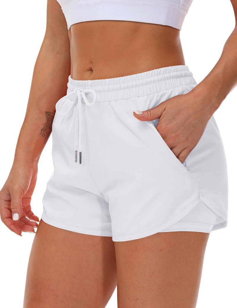 Mancreda Women's Running Shorts with Liner 3 Zipper Pockets Elastic Workout Athletic Gym Yoga Shorts(WH,XL) White