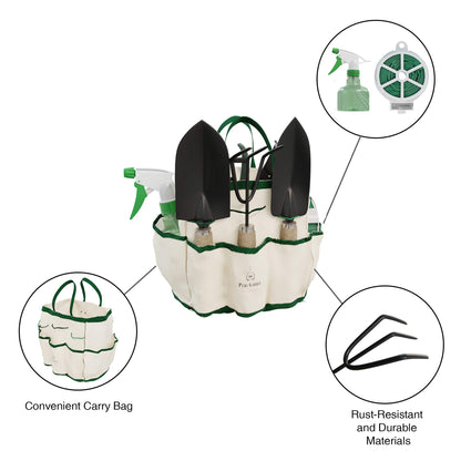 Pure Garden 8-Piece Garden Hand Tool Set - Canvas Tote Gardening Tool Kit with Snip, Pruner, Rake, Trowel, Shovel, Spray Bottle, and Soft Wire Tie