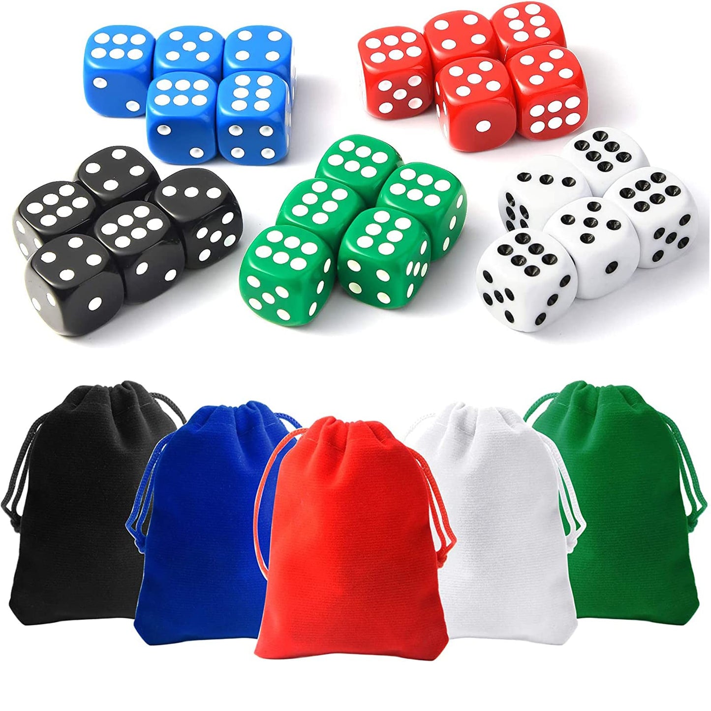 25 Pieces Dice Set 6 Sided 5 Colours Spot Dice with Bags for Tenzi, Farkle, Yahtzee, Bunco or Teaching Math Dice Games