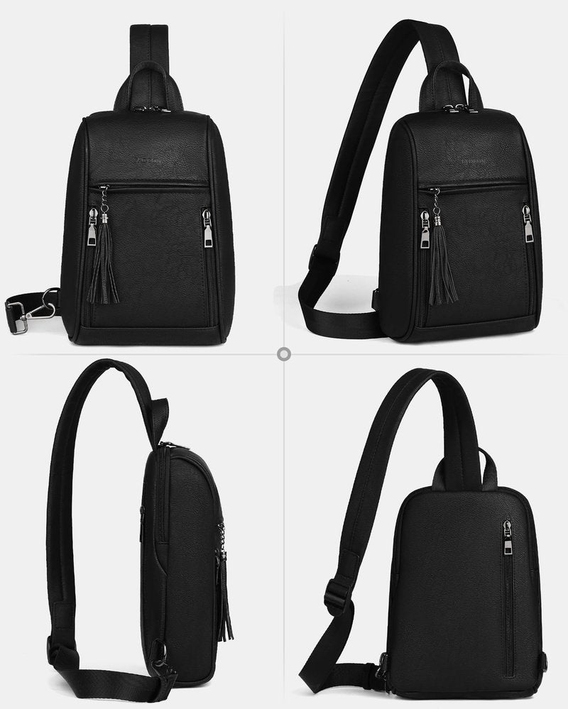 FADEON Sling Bag for Women, Crossbody Backpack with Tassels, Designer Leather Shoulder Chest Bags for Travel