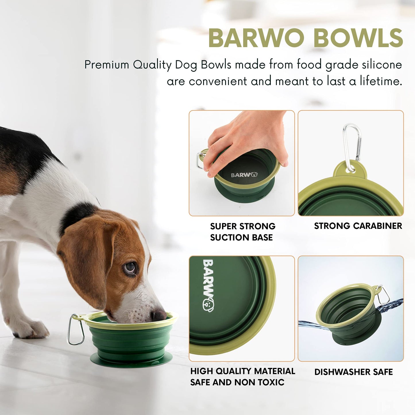 BARWO Collapsible Dog Bowl with Non Skid Suction Base -100% Pure Silicone Foldable Water Bowl, Portable Dog Bowl for Travel, Hiking & Camping 350mL 1 Piece