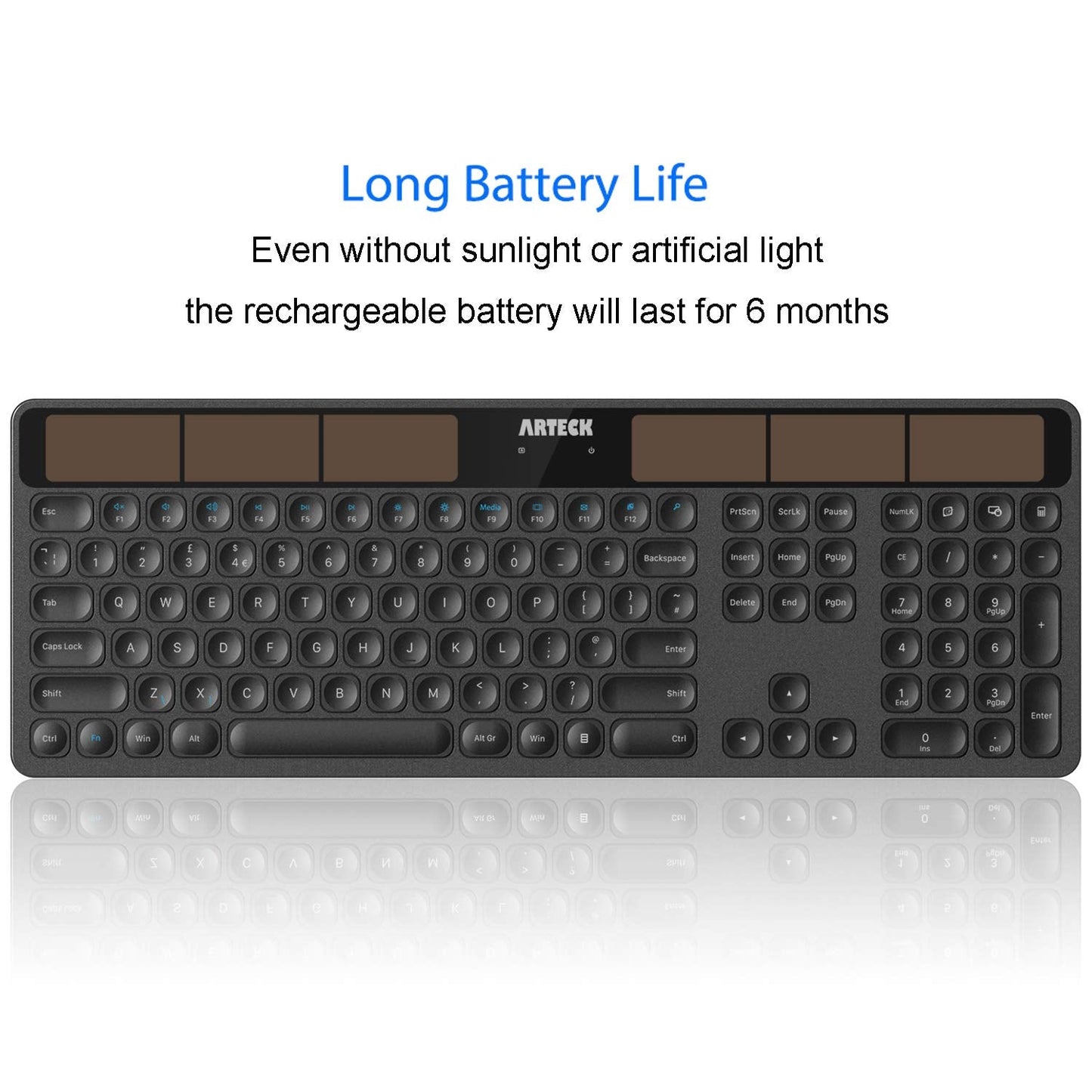 Arteck Solar Wireless Keyboard Full Size Solar Recharging Keyboard for Computer/Desktop/PC/Laptop/Surface/Smart TV and Windows 10/8 / 7 / Vista/XP Built in Rechargeable Battery