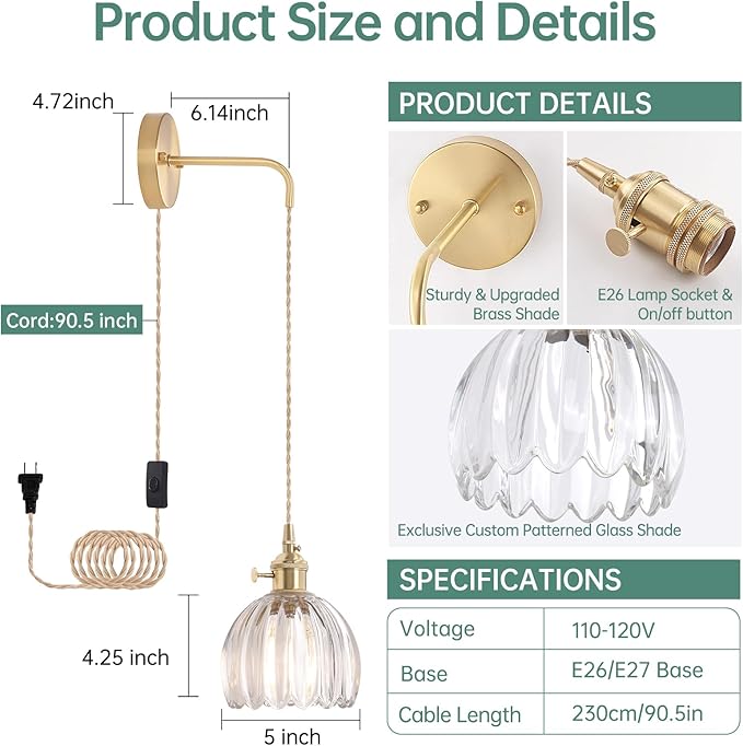 Vintage Wall Sconce Wall Lamp with Clear Tulip Glass Shade Hanging Wall Sconce with 4.9FT Plug in Cord, Modern Wall Lamp Fixtures Decor for Bedside Bedroom Indoor Doorway