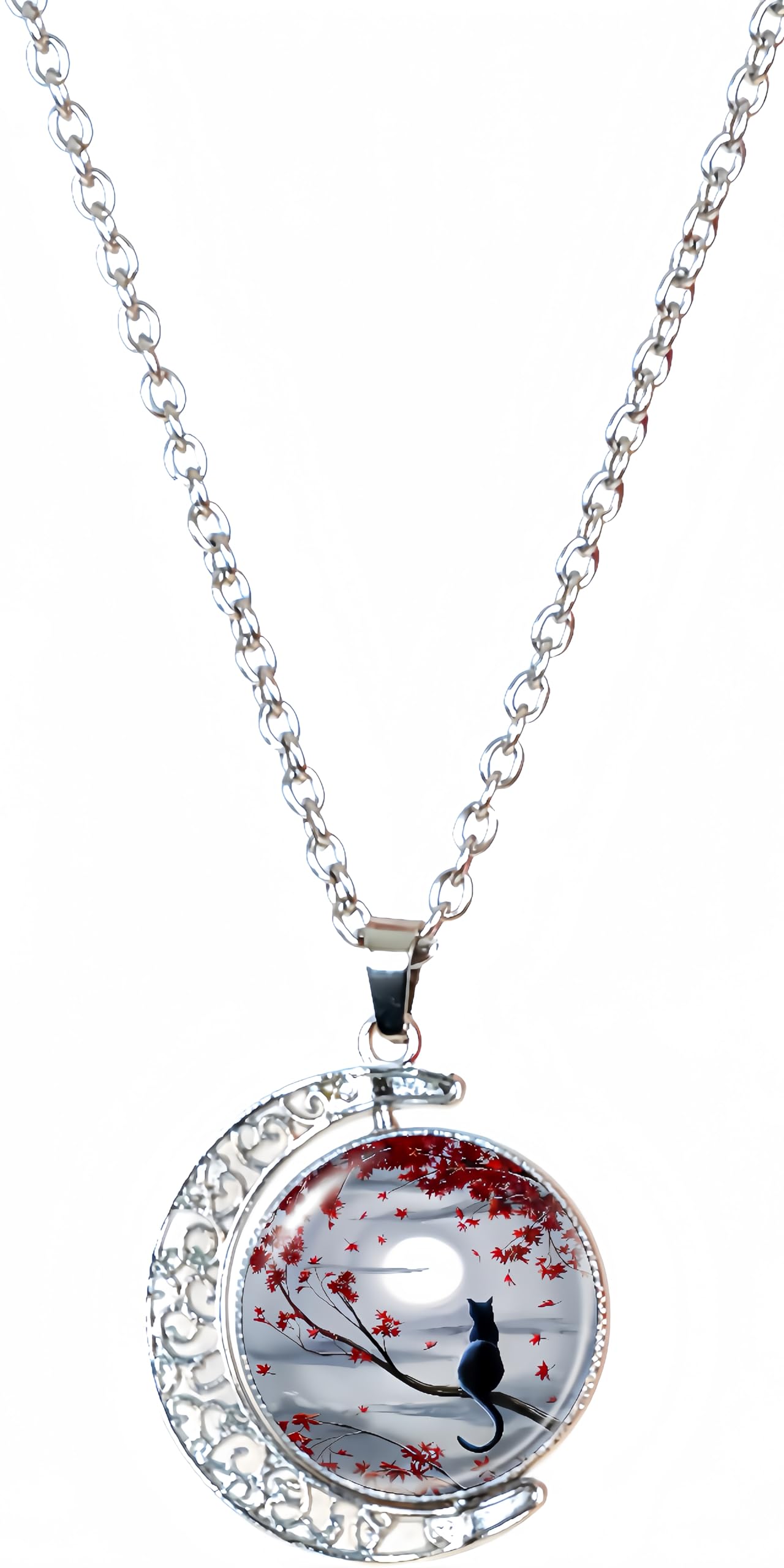 DEQIYIJI Cat Gifts Cute Black Cat Moon Pendant Necklace Jewelry For Women Cat Lovers Stuff Silver