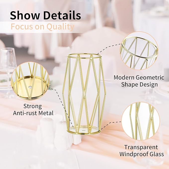 Nuptio Gold Pillar Candle Holder: 2 Pcs Glass Hurricane Candles Holders with Geometric Metal Rack Stand for Wedding Birthday Party Centerpieces - Decorative Flower Vase for Office Living Room