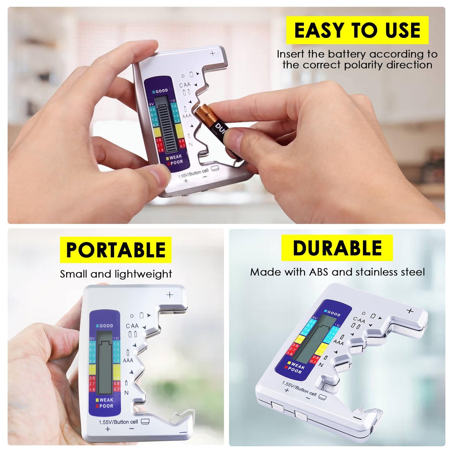 Battery Tester Universal Battery Checker with LCD Display Digital Multi Purpose Small Battery Checker for All Battery C AA AAA D N 9V 6F22 1.5V Button Cell Batteries