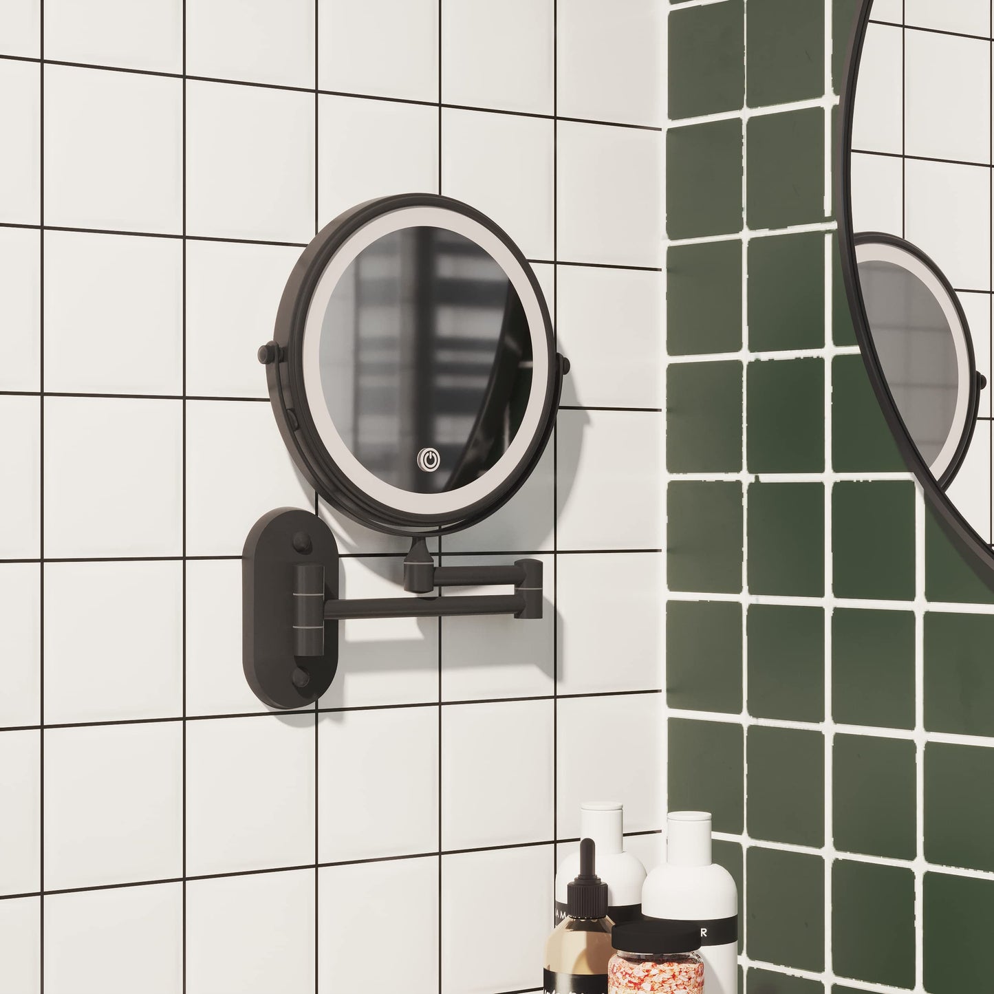 Ruacq Rechargeable Wall Mounted Makeup Mirror with Lights, Double Sided 1X/10X Magnifying Vanity Mirror with 3 Color Lighting, Touch Screen Dimmable, 360° Rotation Extension Foldable Arm(Matte Black)