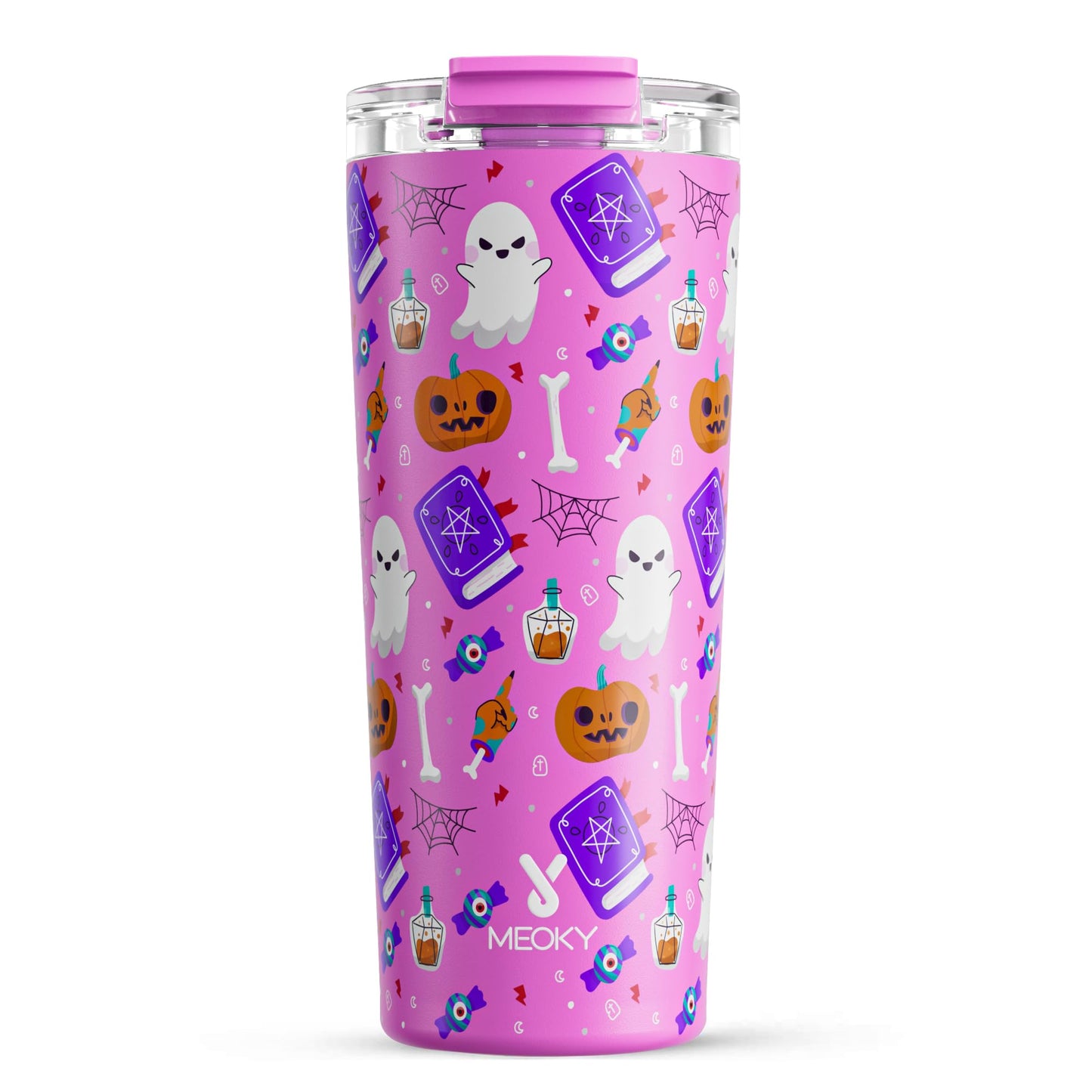 Meoky 24 oz Halloween Travel Coffee Mug with Leak-proof Lid, Stainless Steel Insulated Coffee Tumbler, Keeps Hot for 8 Hours or Cold for 24 Hours, Fits in Car Cup Holder (Spooky Pumpkin)