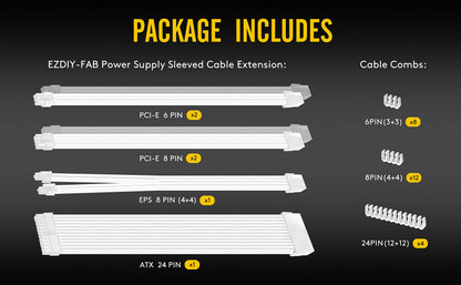 EZDIY-FAB PSU Cable Extension kit Sleeved Cable Custom Power Supply Sleeved Extension -White