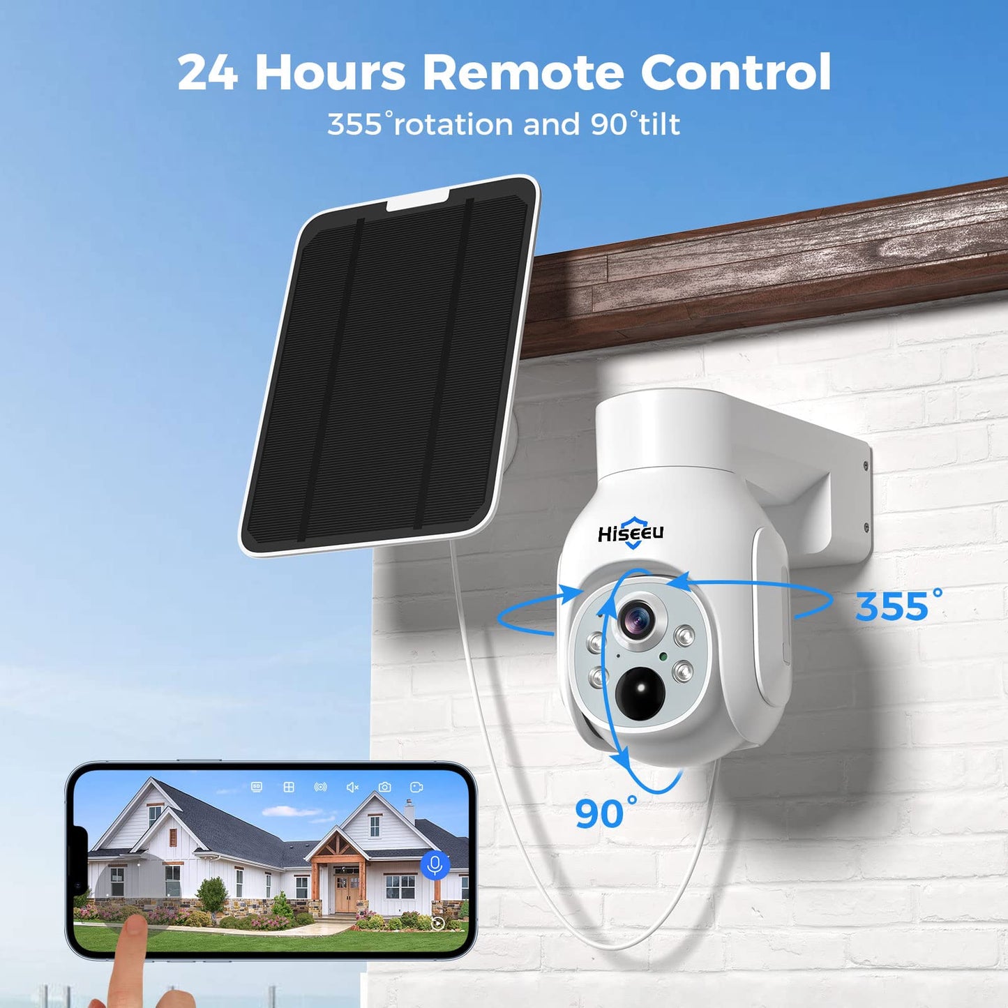 Hiseeu Solar Security Camera, 2PCS 4MP Wireless WiFi Camera Outdoor, PTZ 360° View, PIR Motion Detection, Color Night Vision, IP66, 2-Way Audio, 2.4G WiFi, No Monthly Fee