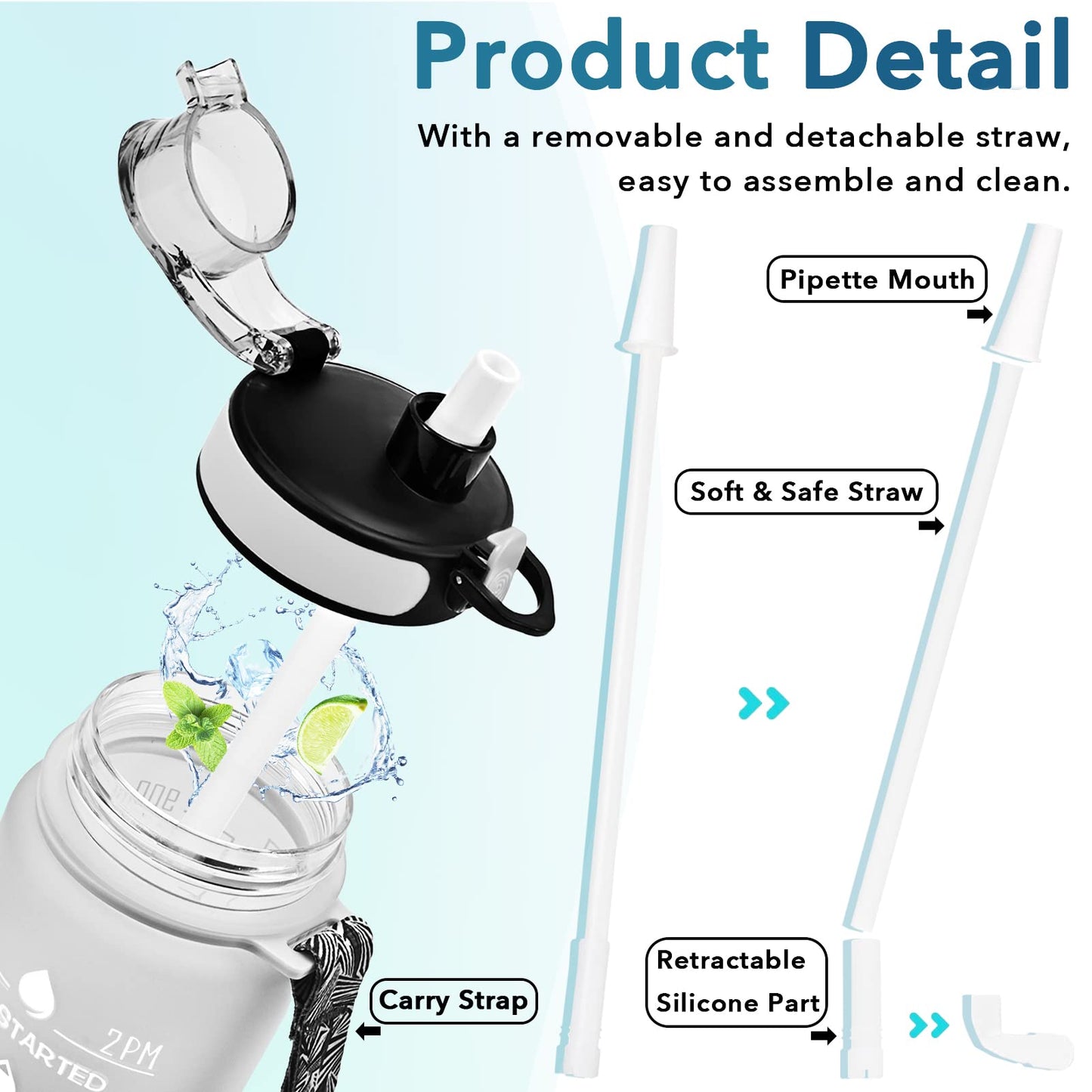 Enerbone 32 oz Water Bottle, Leakproof BPA & Toxic Free, Motivational Water Bottle with Times to Drink and Straw, Fitness Sports Water Bottle with Strap for Office, Gym, Outdoor Sports, Gray-Black