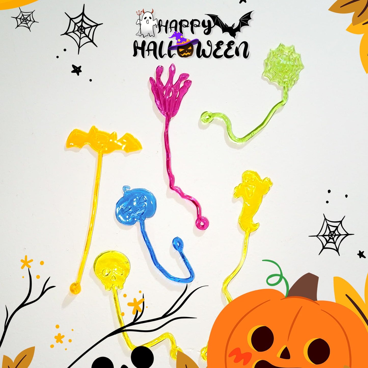 CHHOEAV 36pcs Halloween Party Favors Sticky Hands, Spider Web Skull Bat Stretchy Sticky Toys For Boys Girls, Birthday Party Supplies, Non Candy Halloween Treats Goodie Bag Stuffers