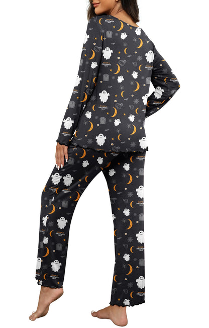 PrinStory 2025 Women's Pajama Set Long Sleeve Sleepwear Ladies Lounge Set Soft Pjs Loungewear FP-Black Moon Ghost-S