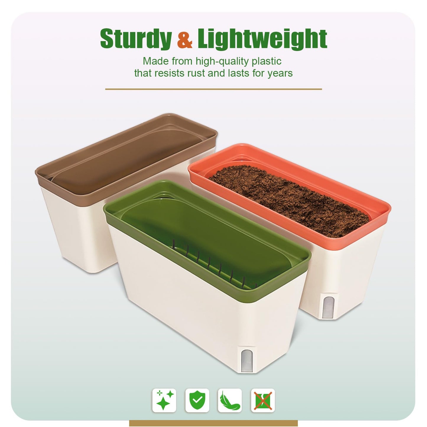 Fayavoo Self Watering Plant Pots, Set of 3 10.5 Inch Rectangular Windowsill Herb Planter Box, Modern Plastic Flower Pots for Indoor Outdoor Garden Office Patio, Planters with Drainage Hole Hidden Tray