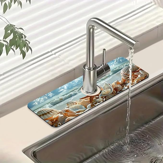 Beach Kitchen Sink Splash Guard Faucet Mat Shells Starfish Waves Super