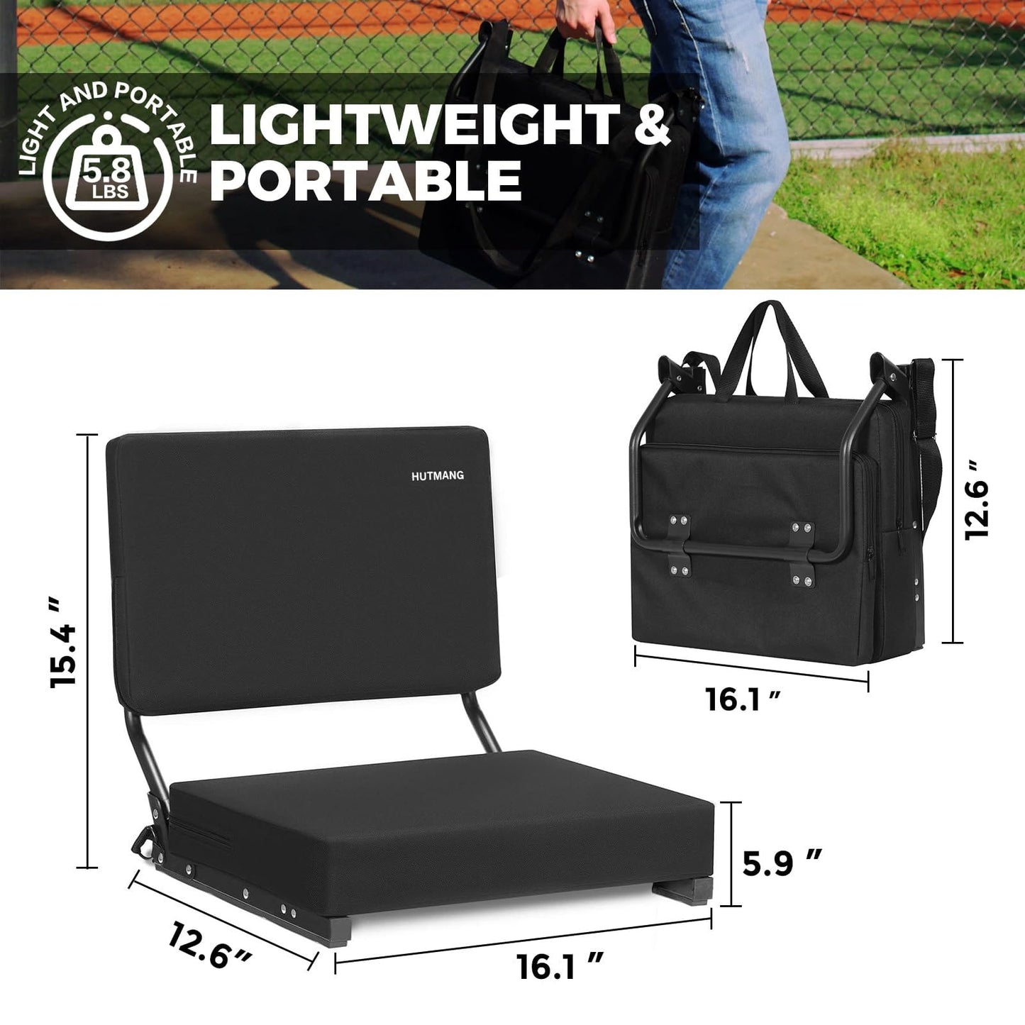 HUTMANG Chair - Stadium Seat with Back Support, Padded Foam Backs, 330LBS Weight Support, Portable, Foldable, Black