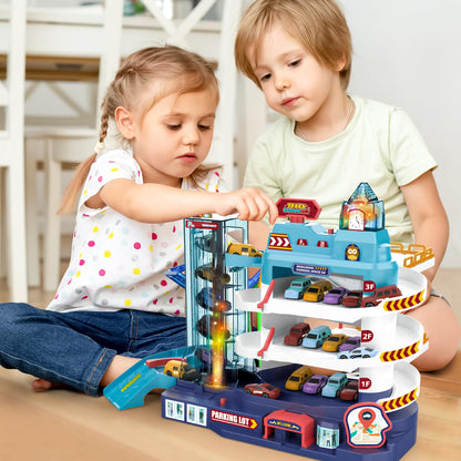 deAO Toy Car Garage Track Set with Music and Light Effects for Kids, 3-story Parking Building with Electric Elevator, Kids' Play Vehicle Garages for 3+ Years Old Boys Girls Christmas Birthday