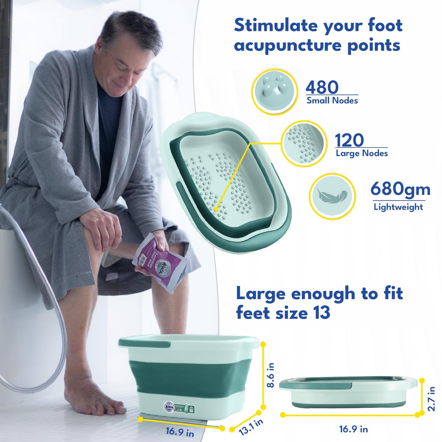 American Wellness Authority AWA Extra Large foot bath basin - Sturdy plastic soak tub For Soaking feet and Pedicure At Home Spa Kit Women Men (Grey Basin), 1.0 Count