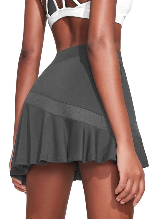 Ekouaer Womens Tennis Skirt Pleated Athletic Skirts with Shorts Pockets High Waisted Golf Skort for Workout Pickleball,Dark Grey L
