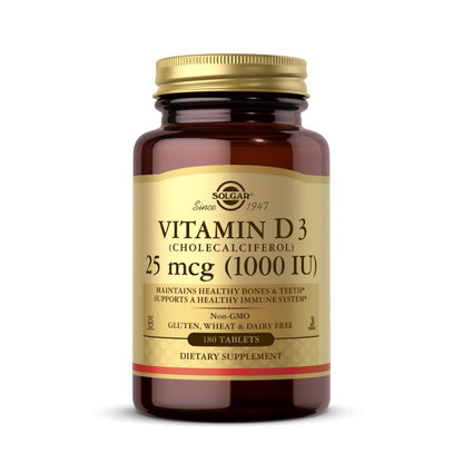 Solgar Vitamin D3 (Cholecalciferol) 1000 IU (25 µg) Tablets - Food Supplement, Pack of 180 Capsules - For Healthy Bones, Teeth and Muscle Function - Supports Immunity - Gluten Free