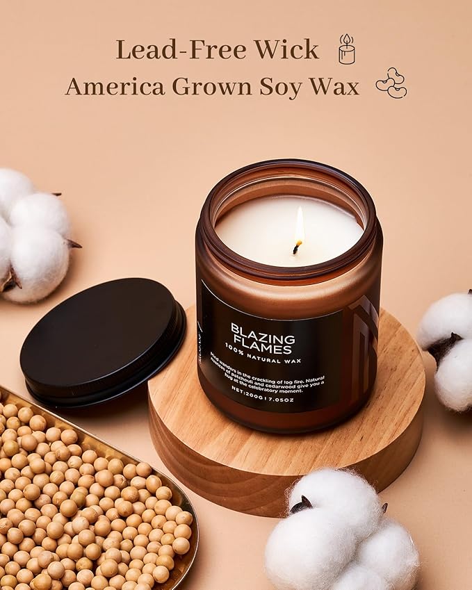 M&SENSE Blazing Flames Scent with Log Fire, Natural Soy Wax Slow Burning Candle for Home Decor, Cedarwood &Cade Scented 7.05oz 50 Hours Burn Cotton Wick Gifts for Celebration Holiday