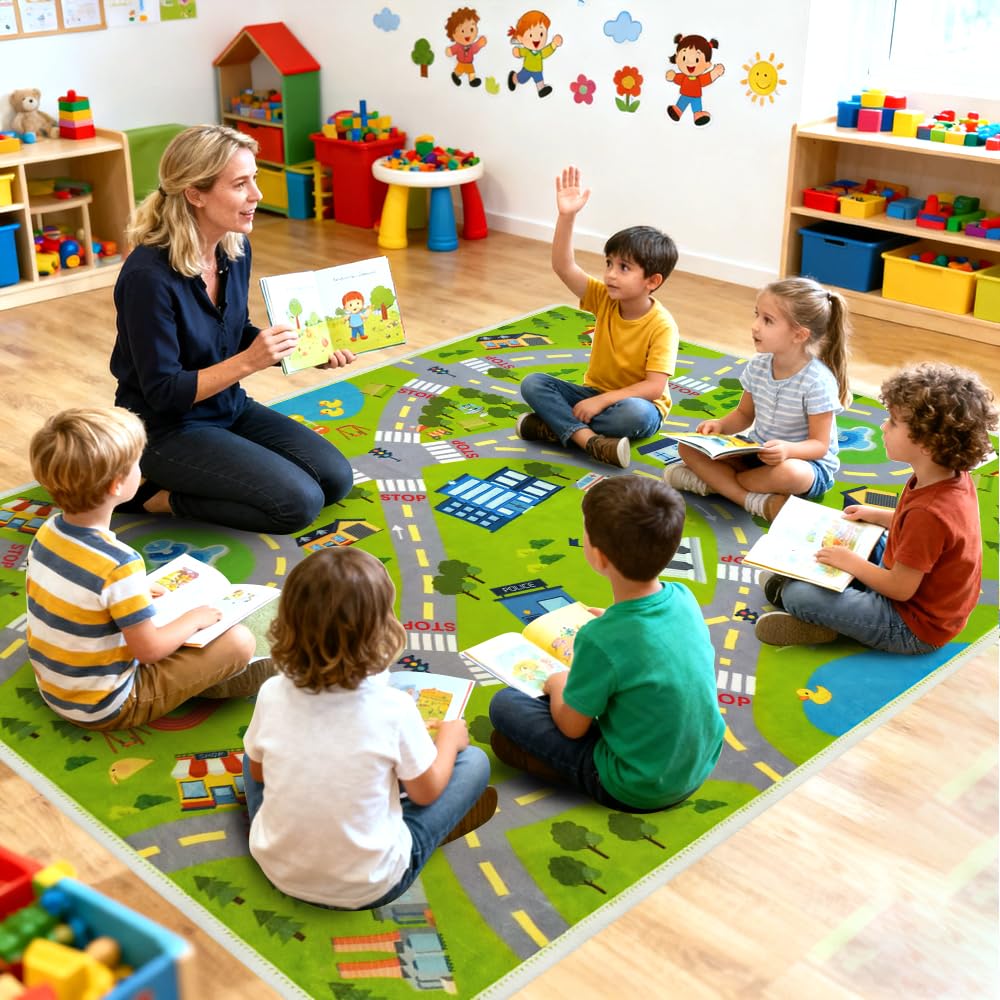 Xuzrdaa Kids Carpet Car Rug Play Mat, Road Rug - Play Learn and Have Fun Safely - Extra Large Thick (0.6cm) Kids Carpet for Playroom, Kids Bedroom, Toddler Room, Non-Slip Rugs(KR1,2.6 * 4ft)