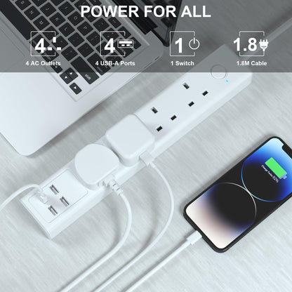 TICCOLO Extension Lead with USB Slots, 4 Way Sockets Outlets 4 USB Ports, 13A/3250W 1.8M Extention Cable with Switch Surge Protected Power Strips, UK Multi Plug Adapter Electrical Cords